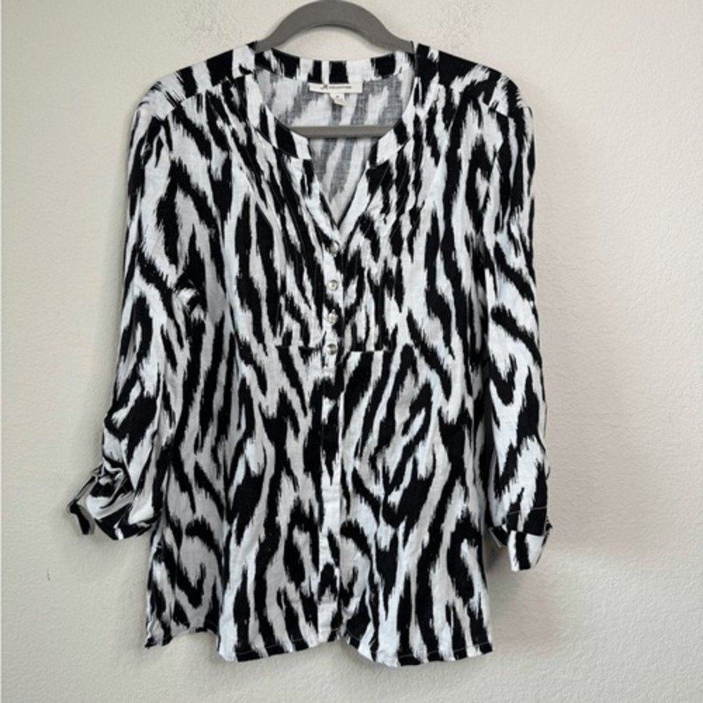 JM Collection 100% Linen Top Tunic Sz 10 Zebra Animal‎ Print Beachy Coastal Boho